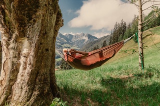 Pack hammock and assemble here.