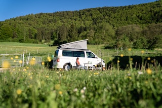 Your van or motorhome could stand like this. In front of idyllic Jura pastures.