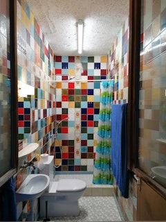 Bathroom with shower, toilet and washbasin.