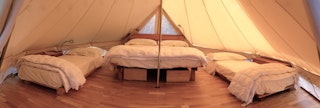À l'intérieur de la tente, vous trouverez une ambiance chaleureuse avec du parquet, des lits en bois et des prises électriques.