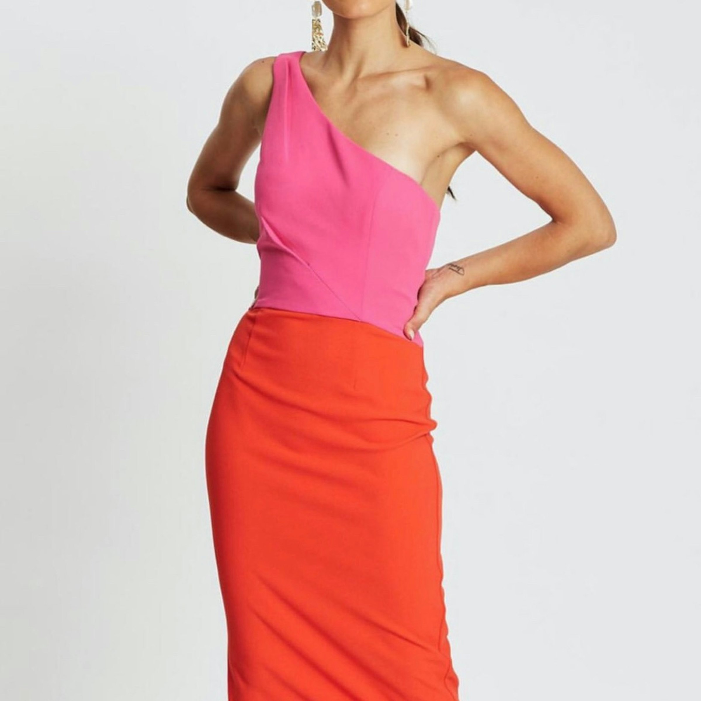 Vestido de un hombro COLOR BLOCK - Rosa y Naranja - $1, | Gloset